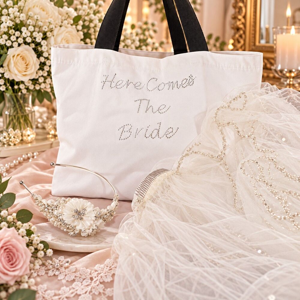 Bridal Wedding Veil Hair Comb Floral Headband Rhinestone Bride Tote Bag Set